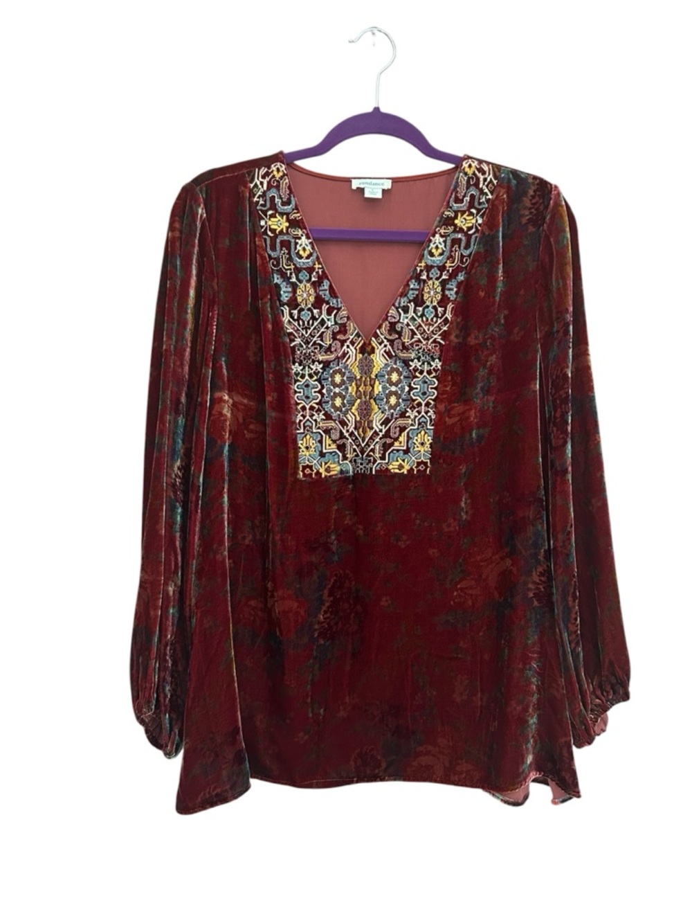 Sundance Red Burgundy Velvet V-Neck Boho Blouse Top Embroidered Size Large - Picture 2 of 11